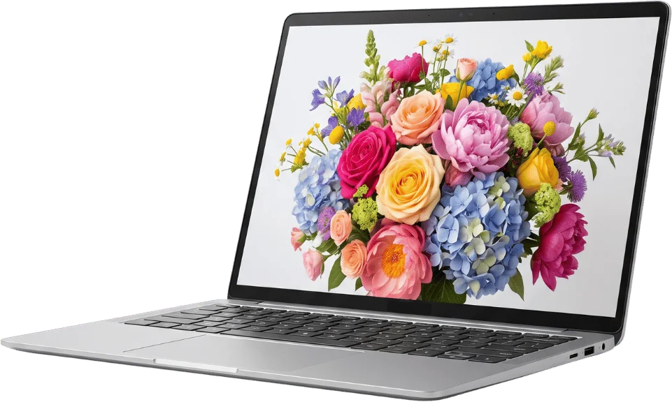 Laptop mit einer farbenfrohen Blumen-Website auf dem Bildschirm